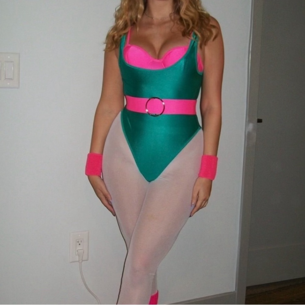80’s workout costume, Green bodysuit with pink belt, white tights & pink bra